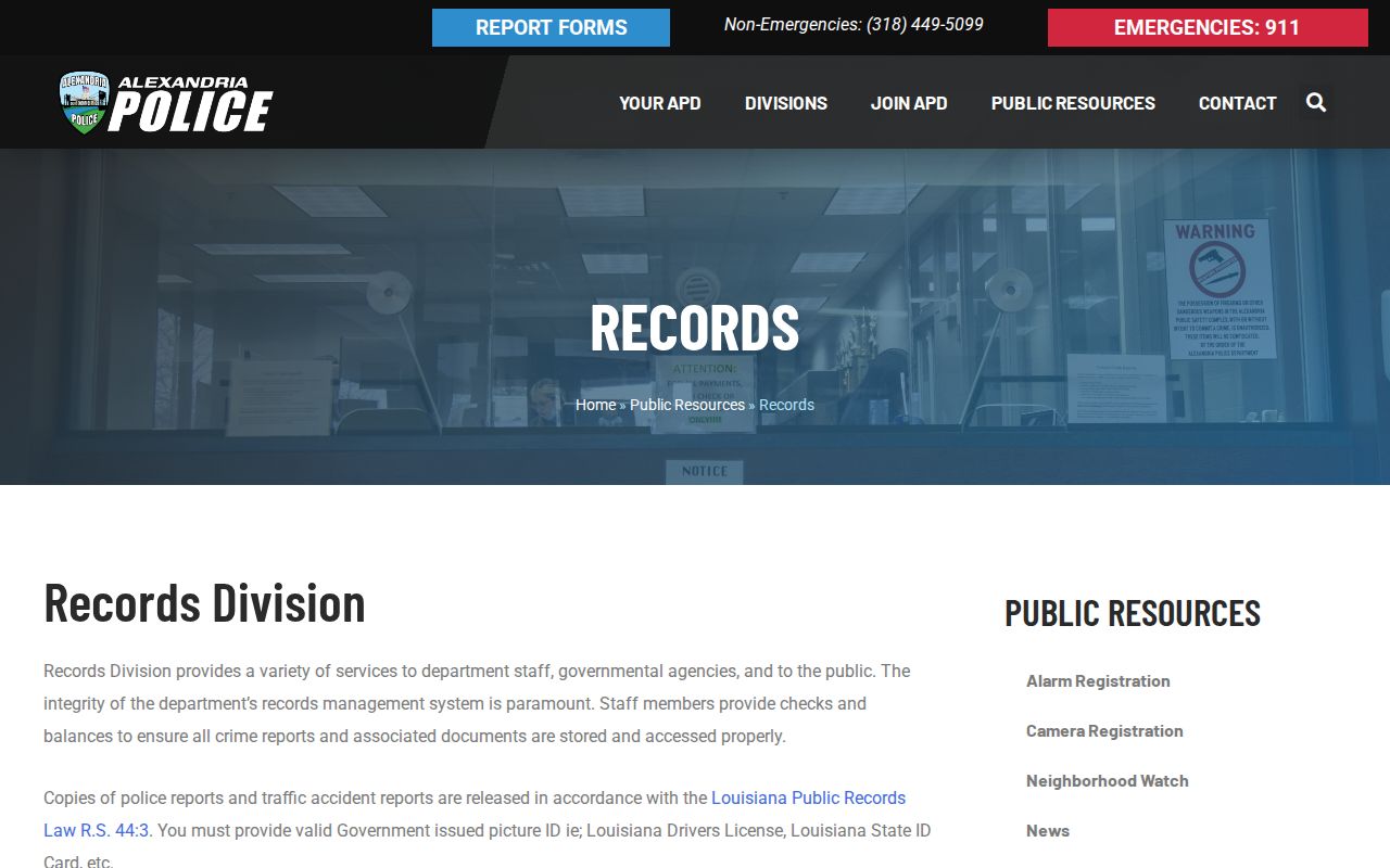 Alexandria Police records request information for arrest reports