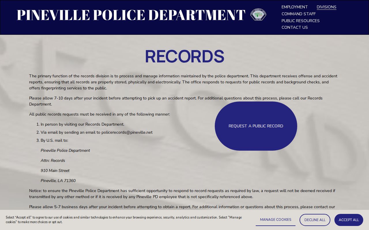 Pineville Police records policy for arrest and incident reports